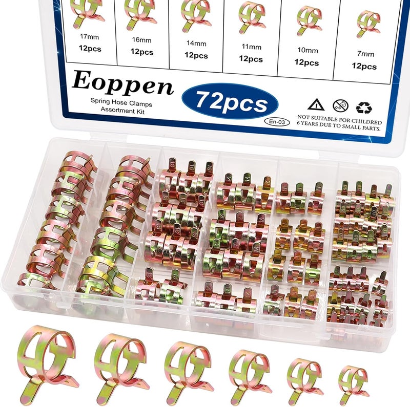 Eoppen 72Pcs Spring Hose Clamps Fuel Line Silicone Vacuum Hose Low Pressure Air Clamps & Sleeving Automotive Replacement Fastener Assortment Kit 6 Sizes (7mm 10mm 11mm 14mm 16mm 17mm) - Image 1
